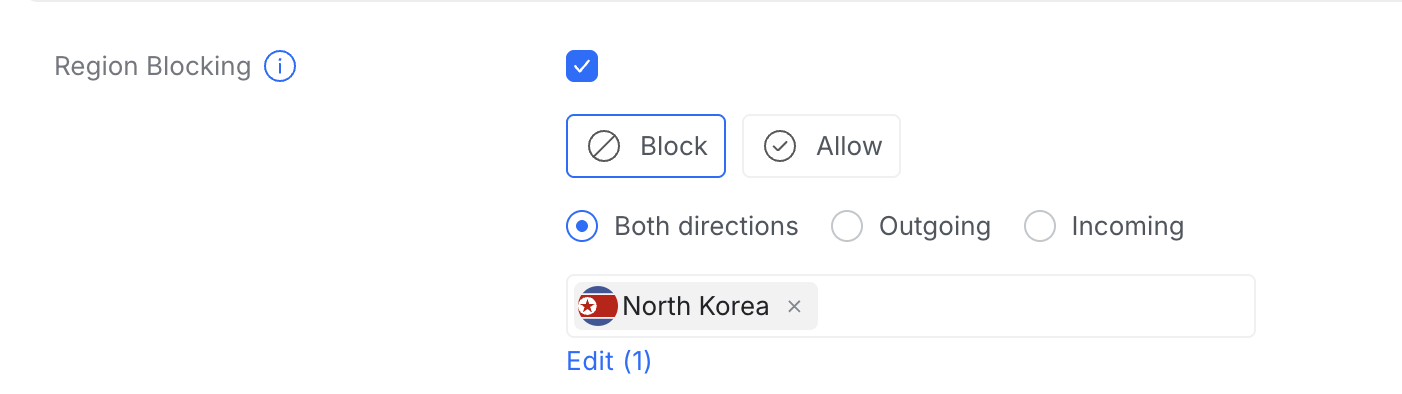 UniFi Region Blocking settings showing Block mode with Both directions enabled