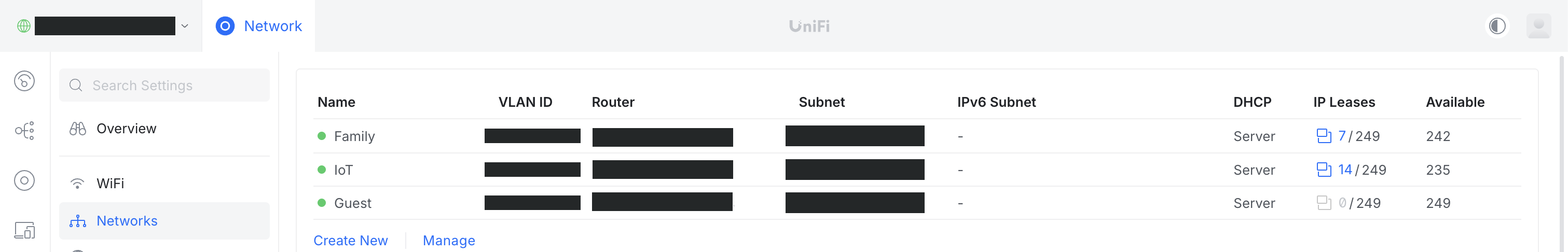 UniFi VLANs configuration showing Family, IoT, and Guest networks